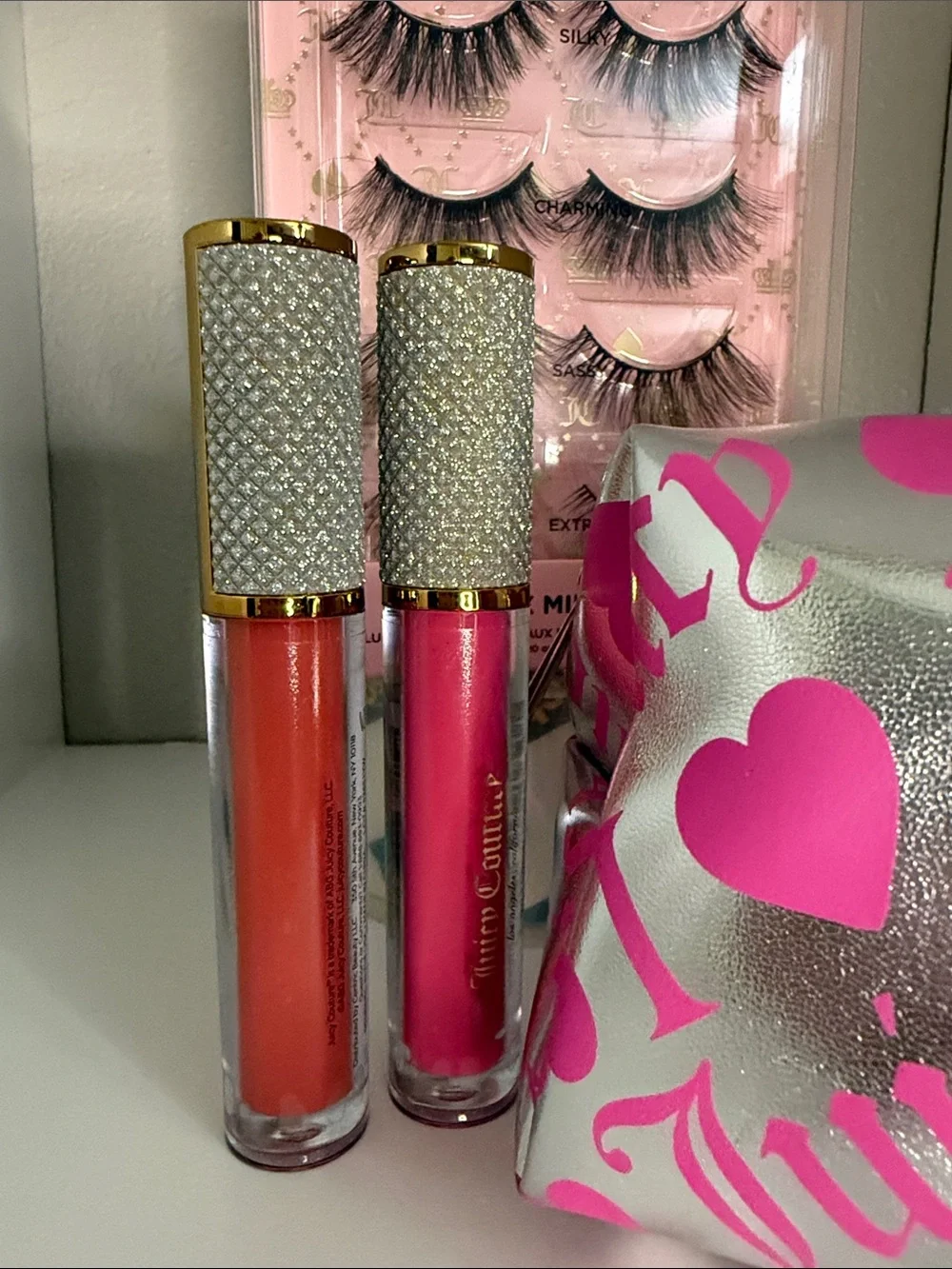 S Juicy Couture Silver Pink Cosmetic Pouch, Lip Glosses & Juicy Lashes
